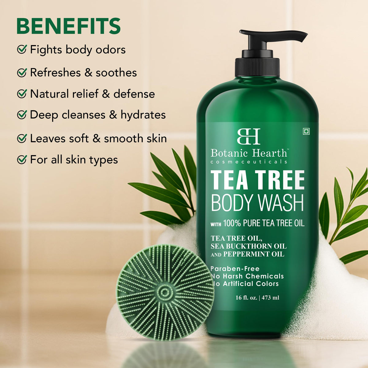 Botanic Hearth Tea Tree Body Wash with silicone brush side view