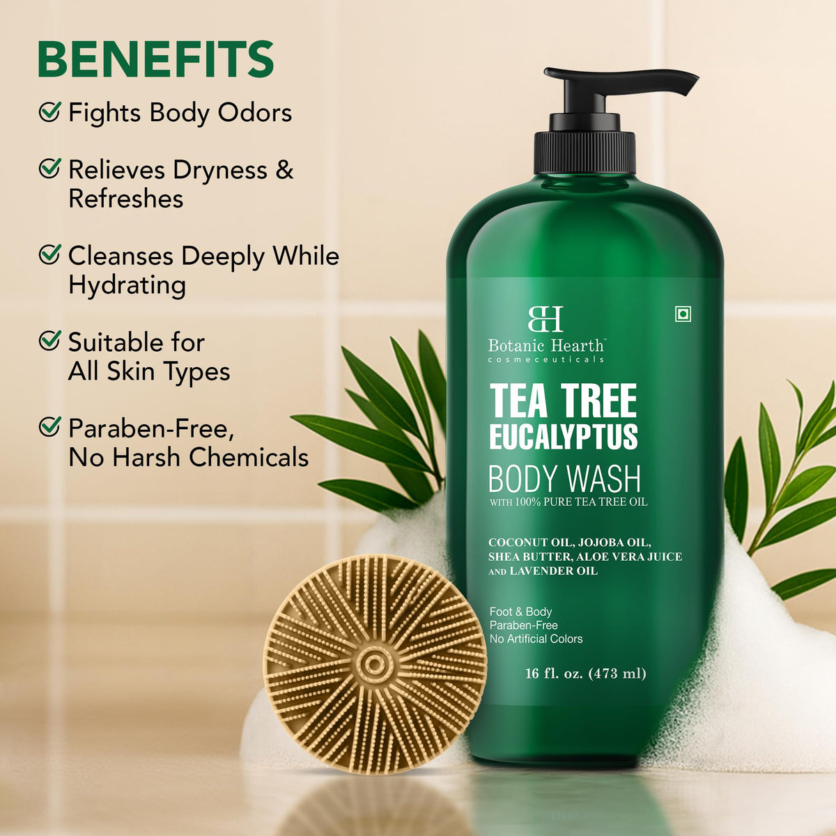 Botanic Hearth Tea Tree Eucalyptus Body Wash and brush set packaging