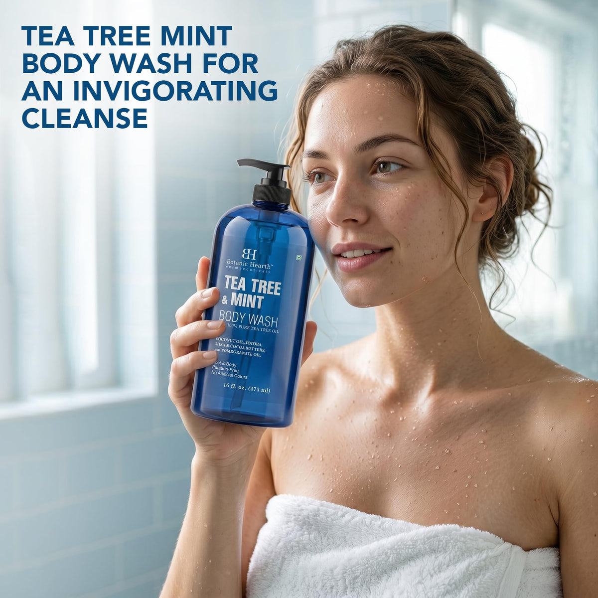 Botanic Hearth Tea Tree & Mint Body Wash with fresh mint leaves