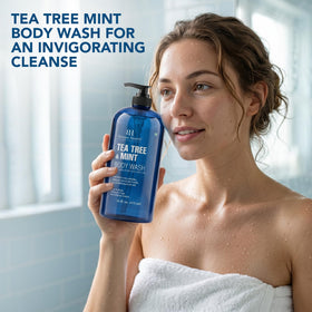 Botanic Hearth Tea Tree & Mint Body Wash with fresh mint leaves