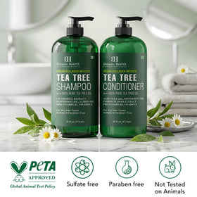 Botanic Hearth Tea Tree Shampoo and Conditioner Set on a bathroom shelf