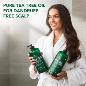 Botanic Hearth Tea Tree Shampoo with mint leaves background