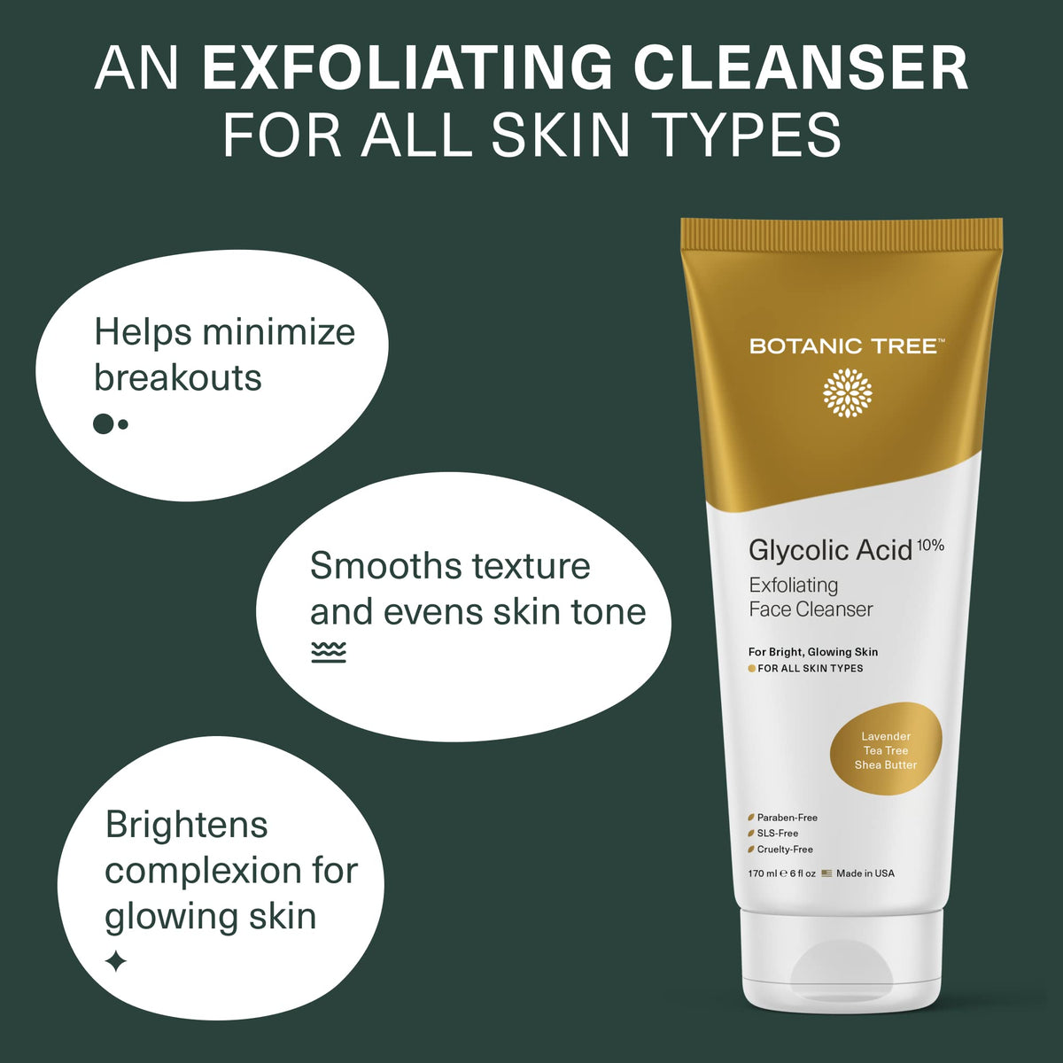 Botanic Tree Glycolic Acid Face Wash 10% back view with ingredient list