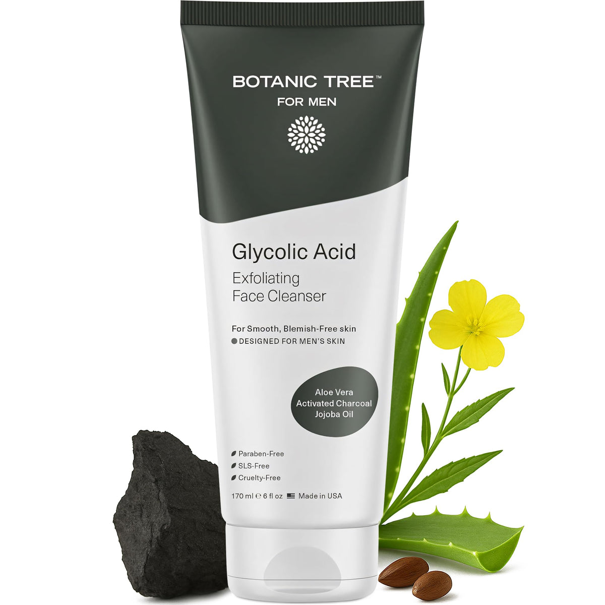 Botanic Tree Glycolic Acid Face Wash for Men 10% with Activated Charcoal front view