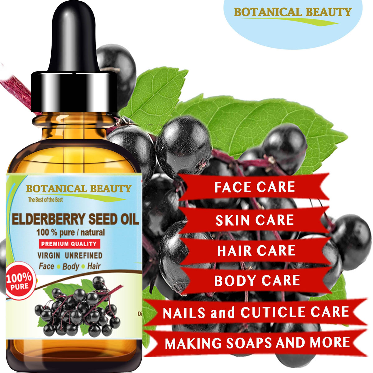 Botanical Beauty Elderberry Seed Oil 30ml on a wooden surface