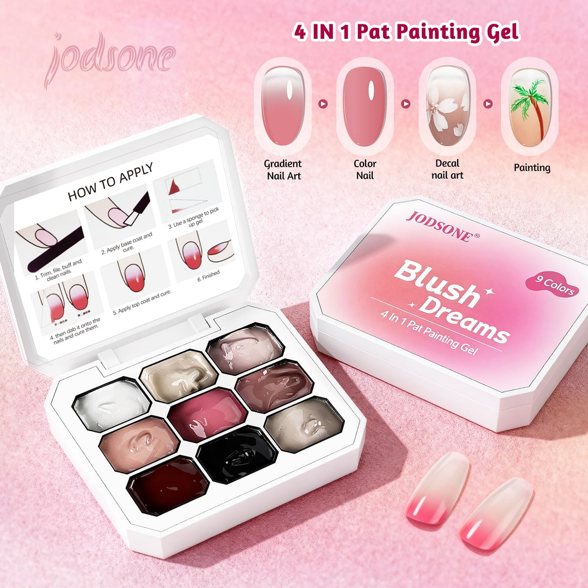 Bottles of JODSONE gel polish including base and top coats