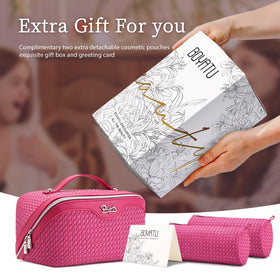 BOYATU makeup bag displayed on a vanity with cosmetics