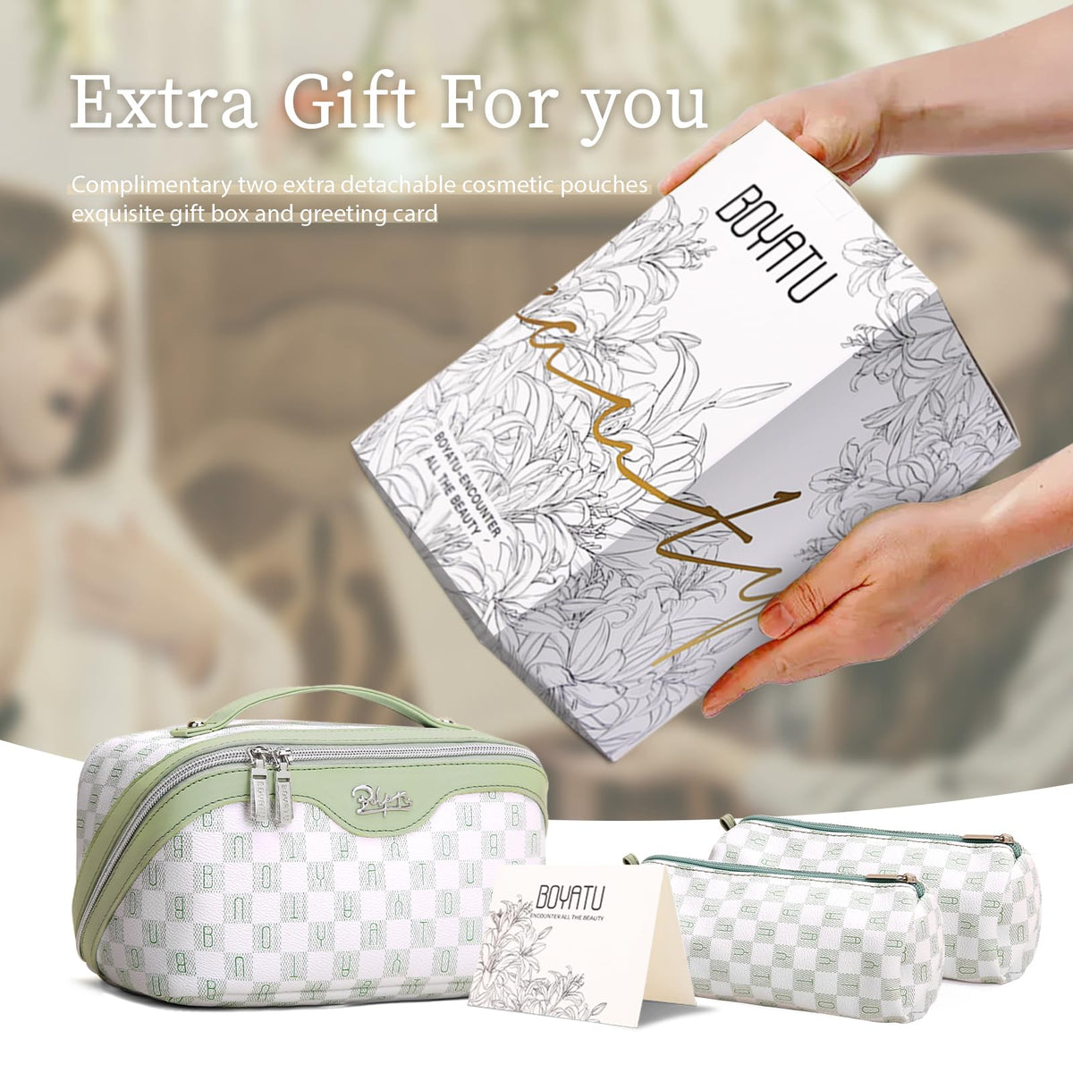 BOYATU makeup bag set displayed with cosmetics