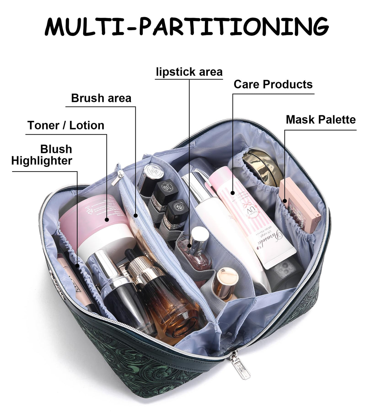 BOYATU makeup bag with detachable pouches on a dresser
