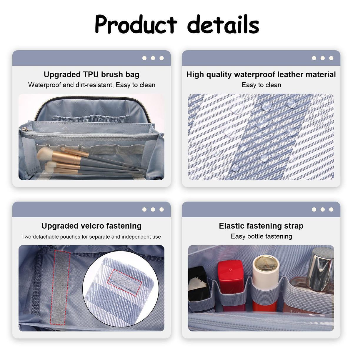 BOYATU Travel Makeup Bag blue model with various makeup items