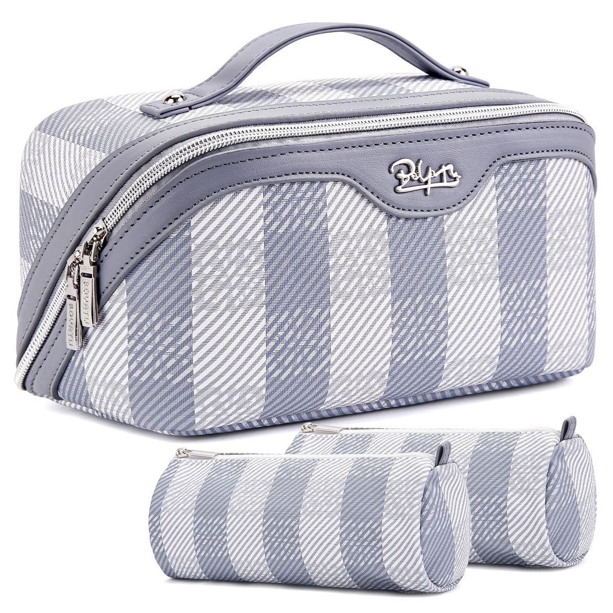 BOYATU Travel Makeup Bag blue set front view with compartments