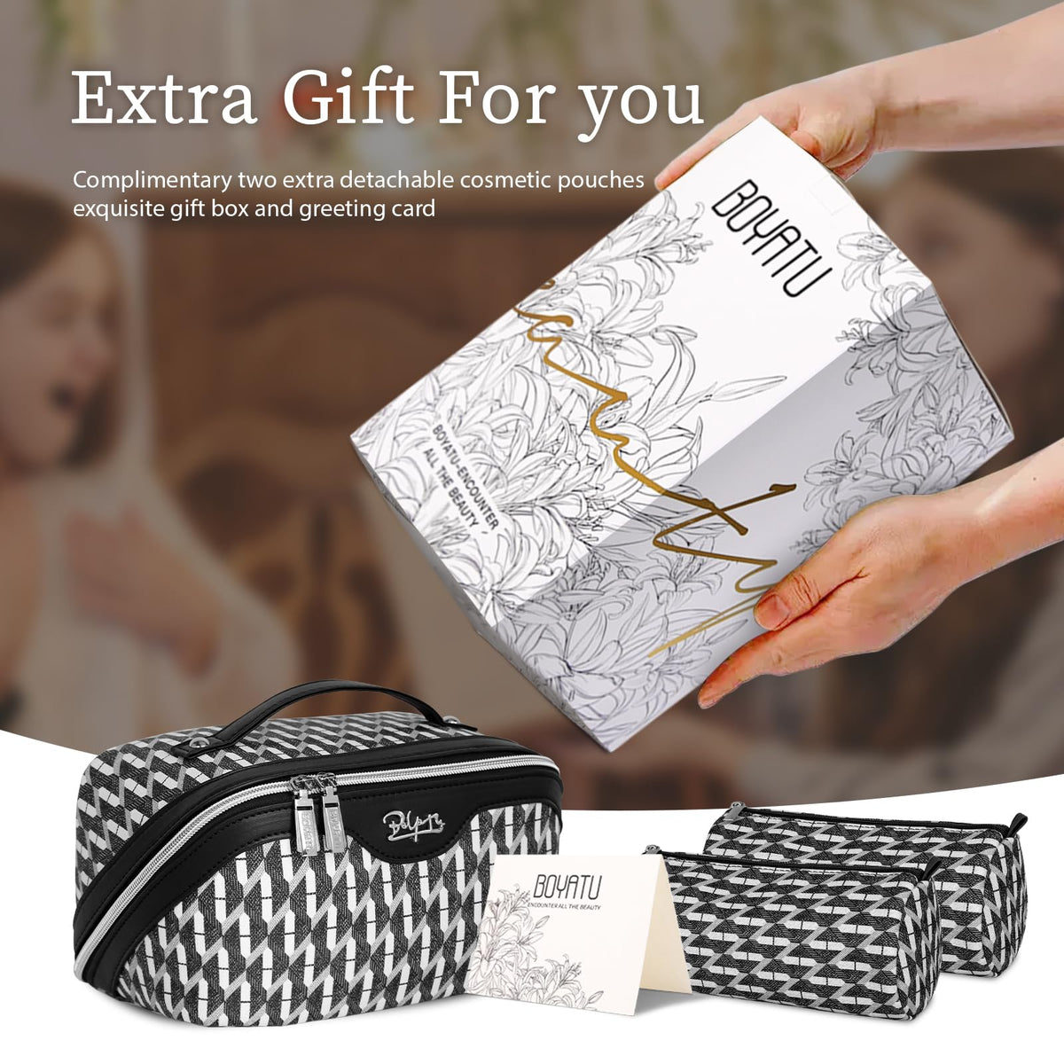 BOYATU Travel Makeup Bag in use with cosmetics