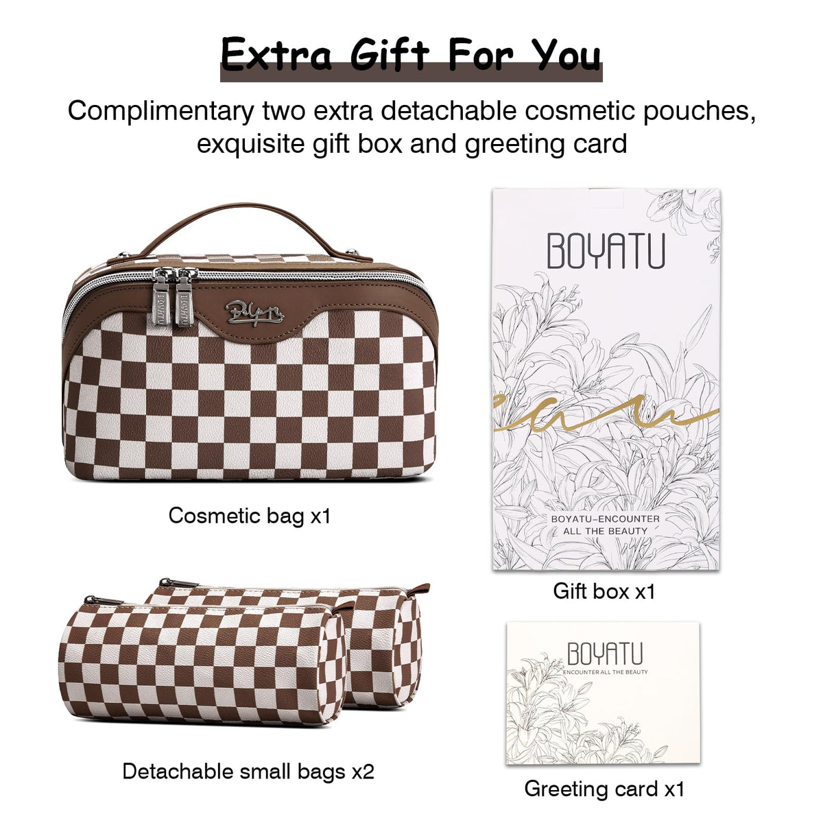 BOYATU Travel Makeup Bag Organizer displayed on a vanity