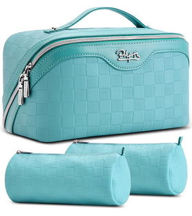 BOYATU Travel Makeup Bag Organizer front view in blue checkered pattern