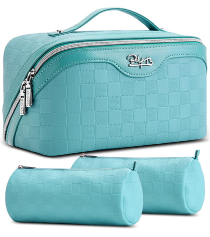 BOYATU Travel Makeup Bag Organizer front view in blue checkered pattern