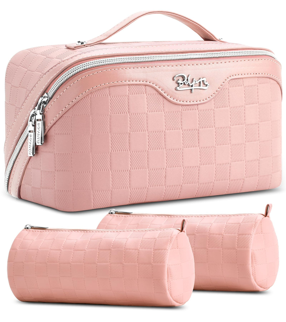 BOYATU Travel Makeup Bag Organizer front view in pink checkered design