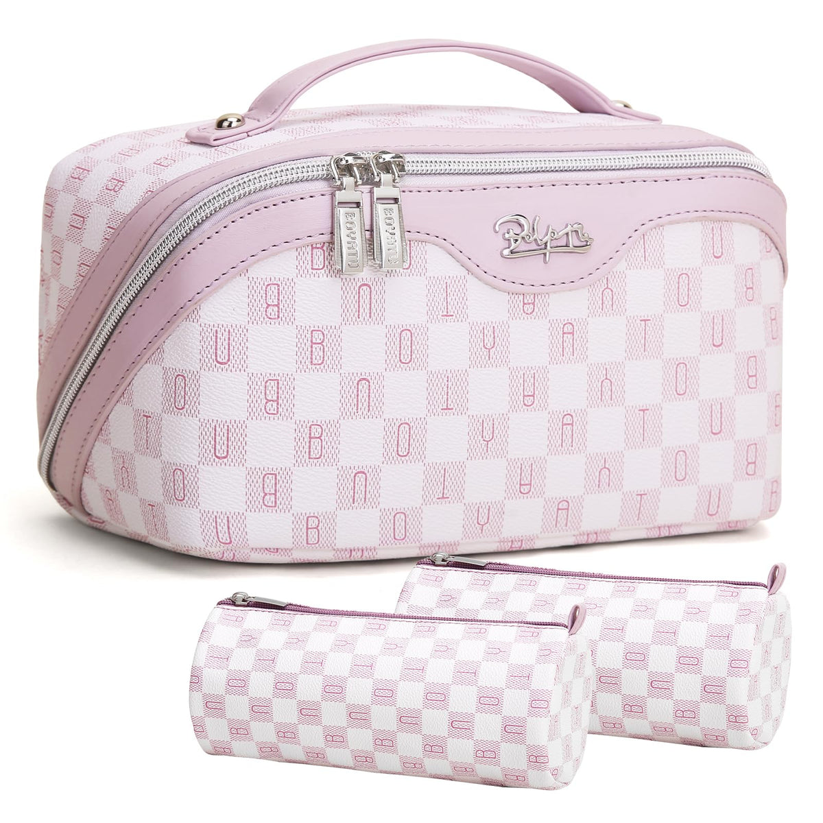 BOYATU Travel Makeup Bag Organizer pink model front view