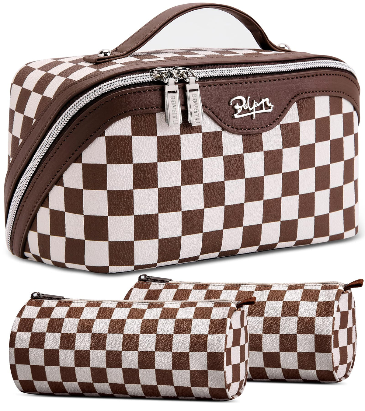 BOYATU Travel Makeup Bag Organizer Set front view in coffee colour