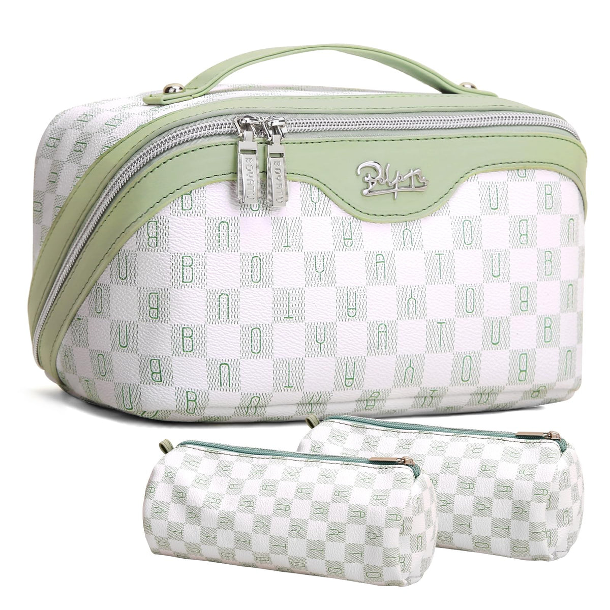 BOYATU Travel Makeup Bag Organizer Set in green, front view