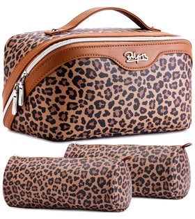 BOYATU Travel Makeup Bag Set in leopard print front view