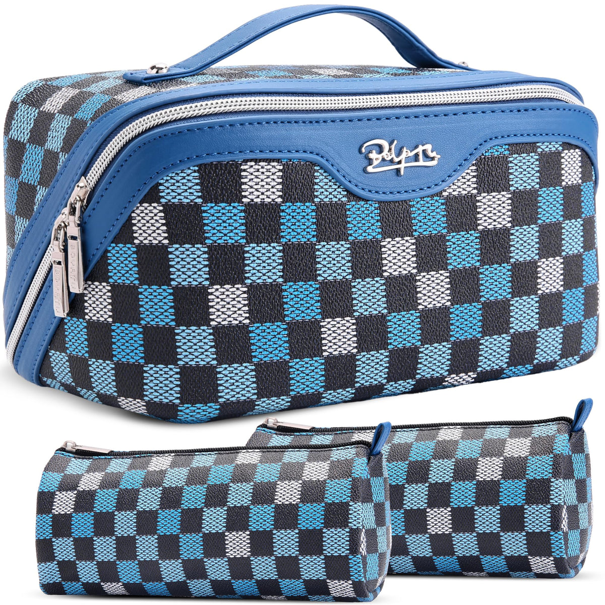 BOYATU Travel Makeup Bag Set of 3 in blue with compartments