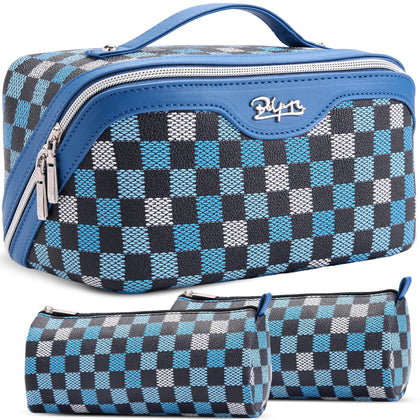 BOYATU Travel Makeup Bag Set of 3 in blue with compartments