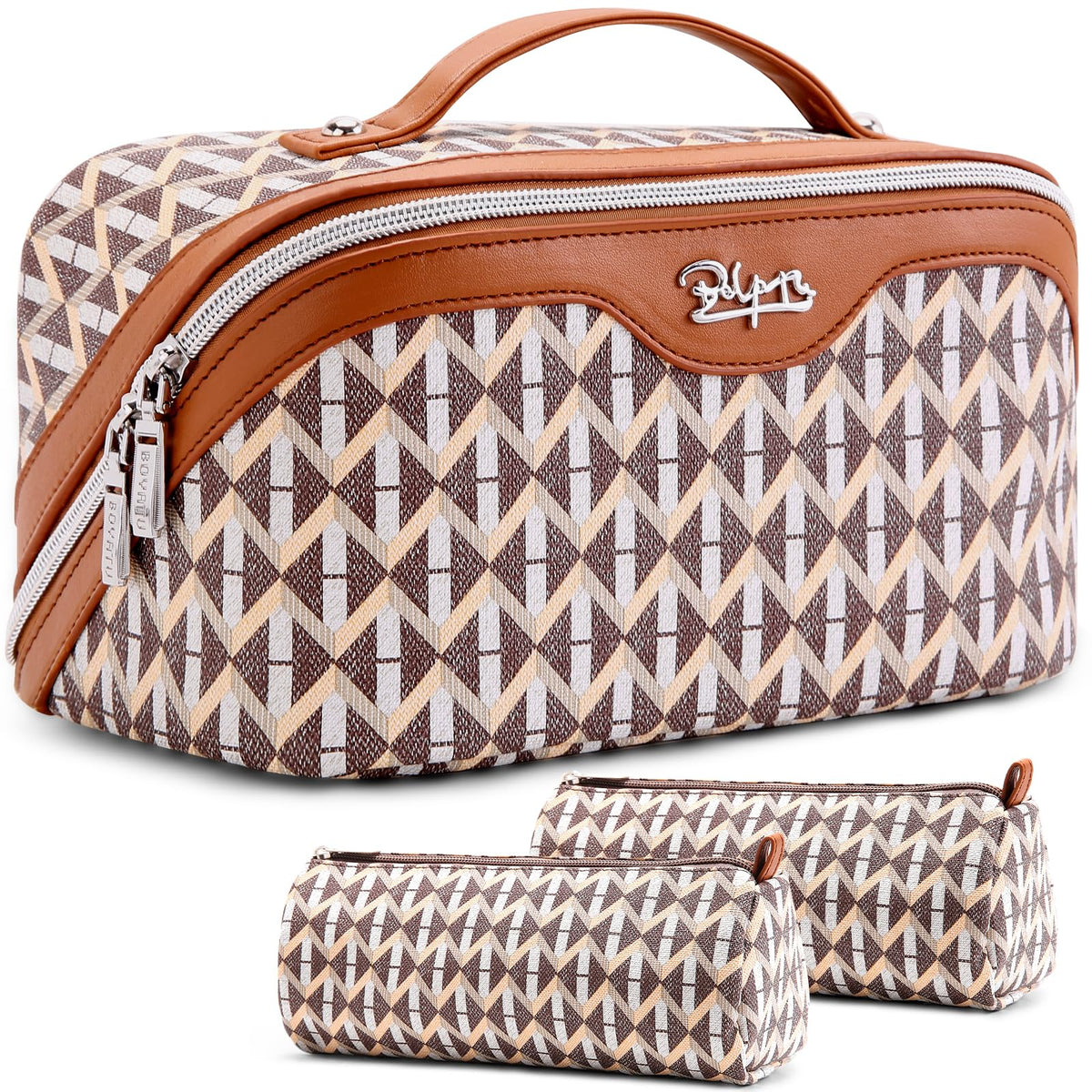 BOYATU Travel Makeup Bag Set of 3 in brown color with compartments