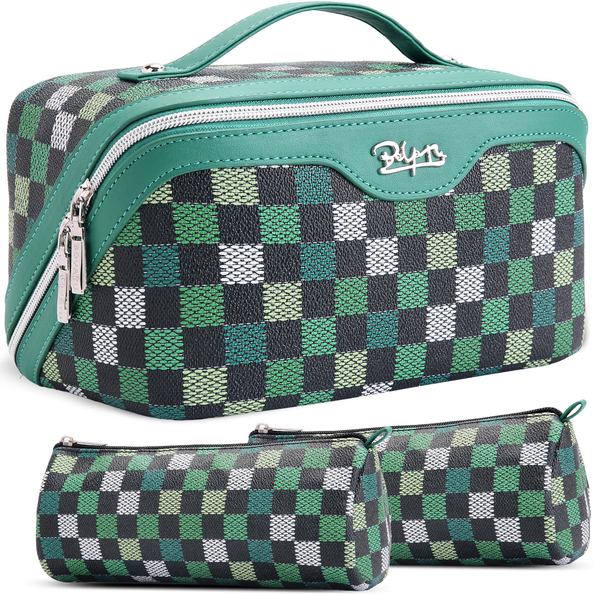 BOYATU Travel Makeup Bag Set of 3 in green, front view