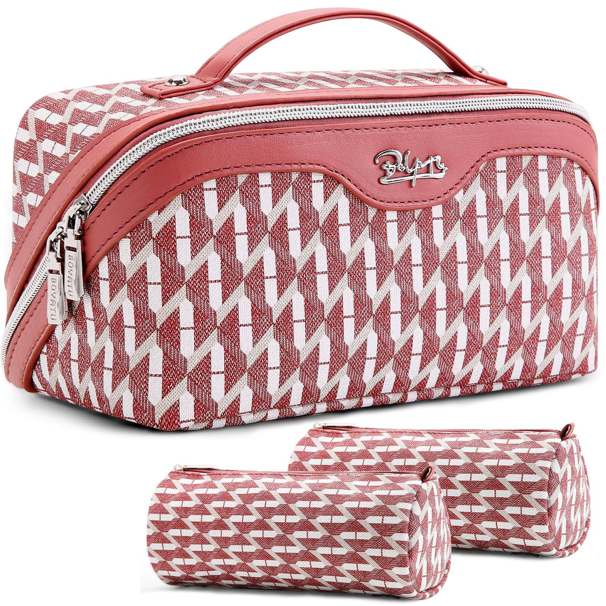 BOYATU Travel Makeup Bag Set of 3 in red with compartments