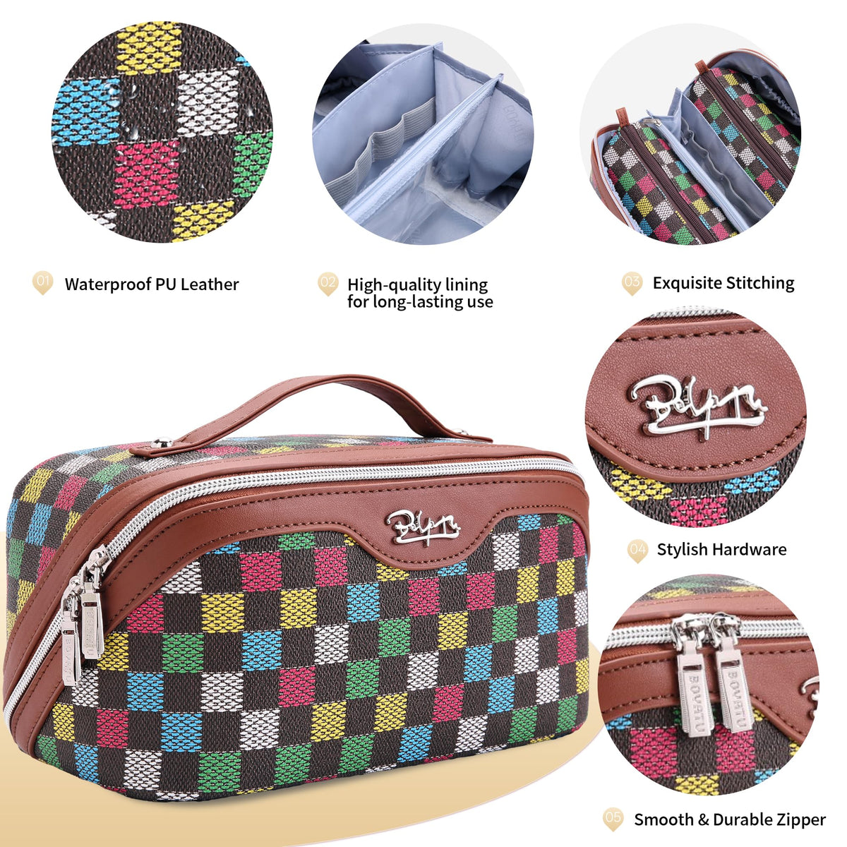 BOYATU travel makeup bag showing five compartments
