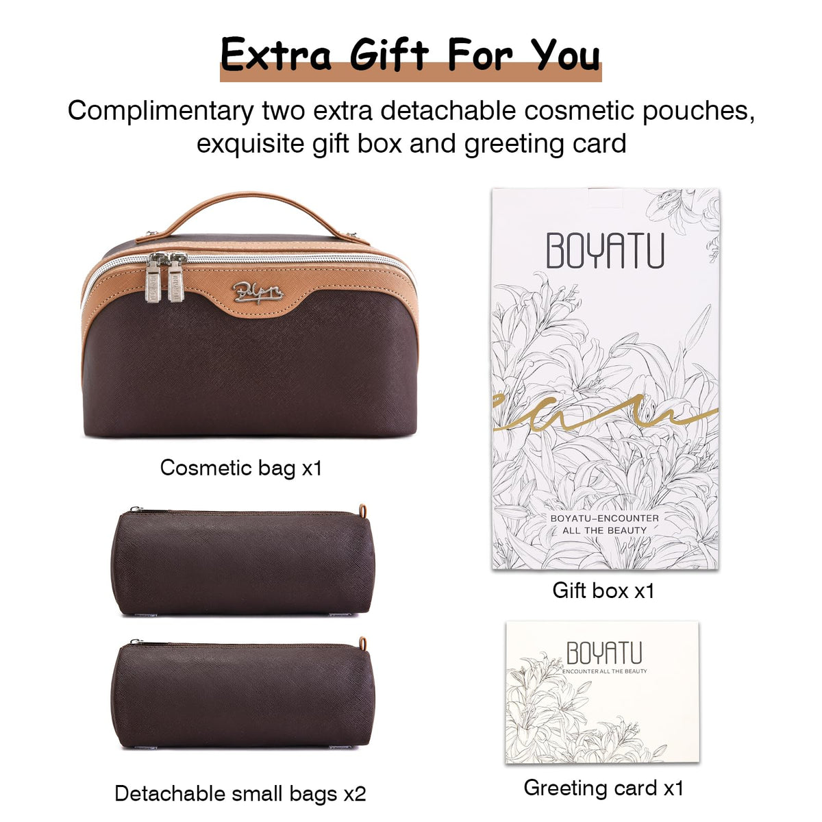 BOYATU Travel Makeup Bag showing waterproof vegan leather