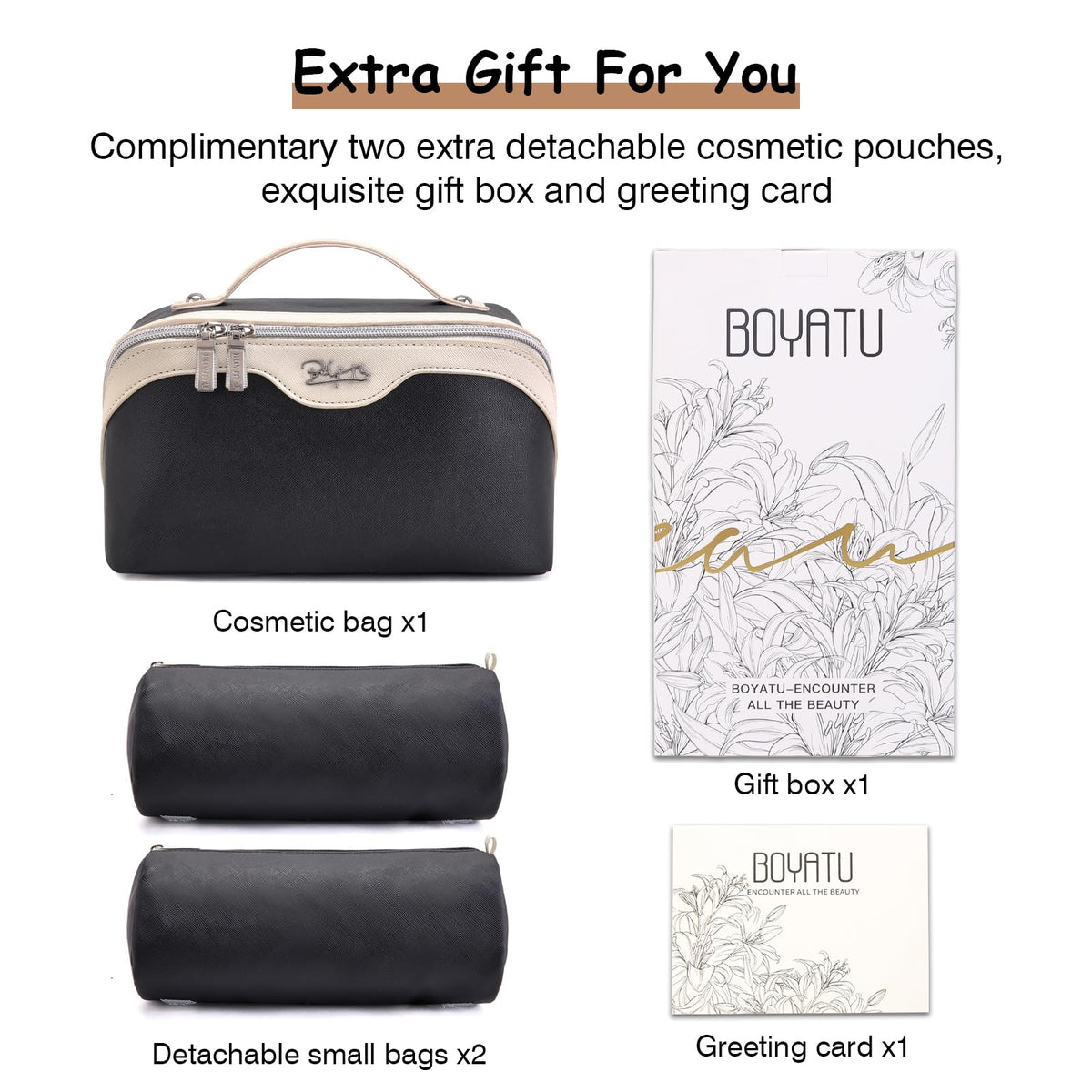 BOYATU Travel Makeup Bag with cosmetics and skincare items inside
