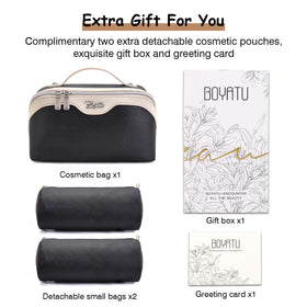 BOYATU Travel Makeup Bag with cosmetics and skincare items inside