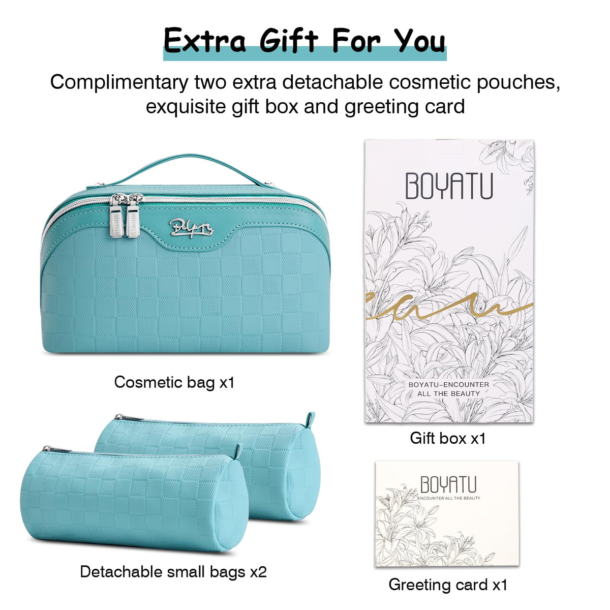 BOYATU Travel Makeup Bag with skincare products inside