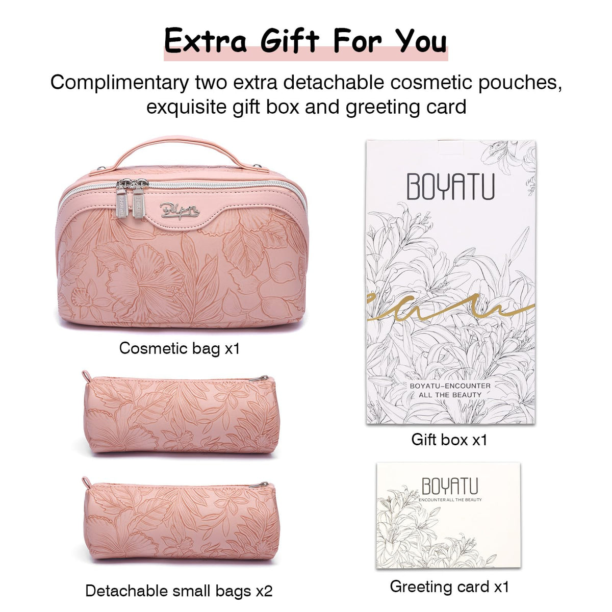 BOYATU Travel Makeup Bag with various cosmetics inside