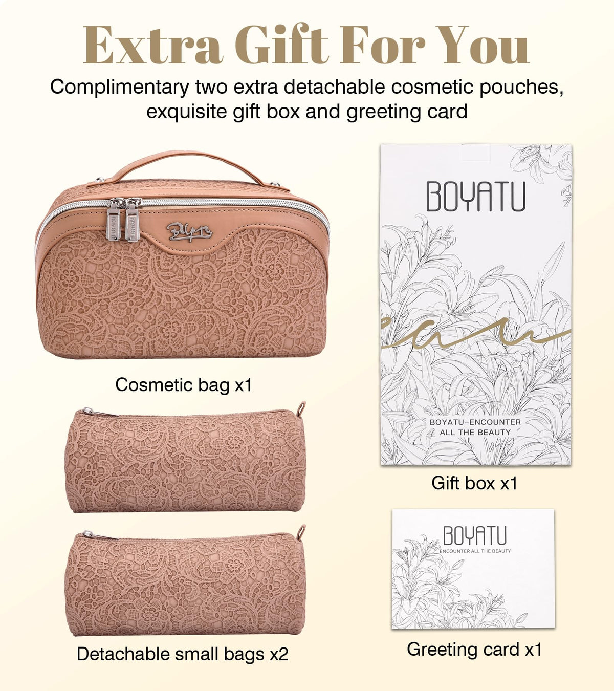 BOYATU Travel Makeup Bags Set showcasing elegant floral pattern
