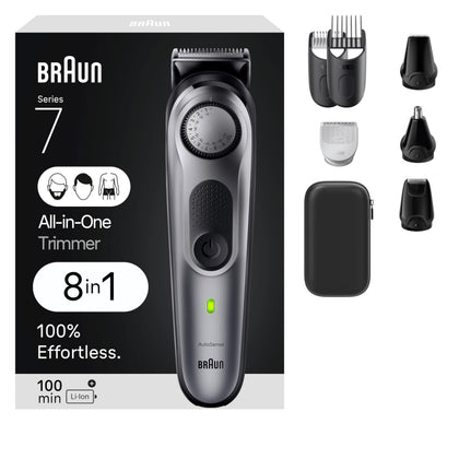 Braun All-in-One Style Kit 7410 front view with various attachments