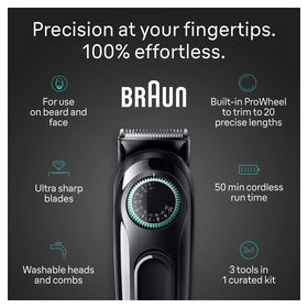 Braun All-in-One Style Kit accessories including USB charger and comb