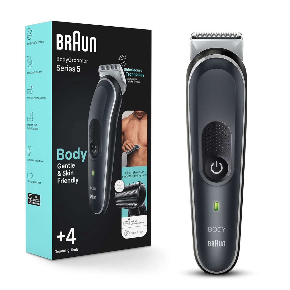 Braun Body Groomer Series 5 5360 front view with clean shave attachment