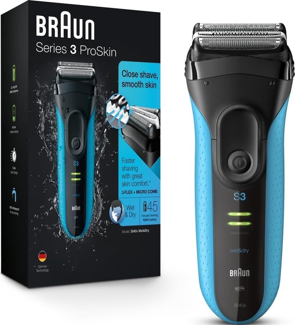 Braun Electric Series 3 Razor front view in blue and black