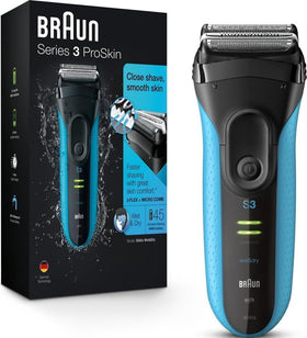 Braun Electric Series 3 Razor front view in blue and black