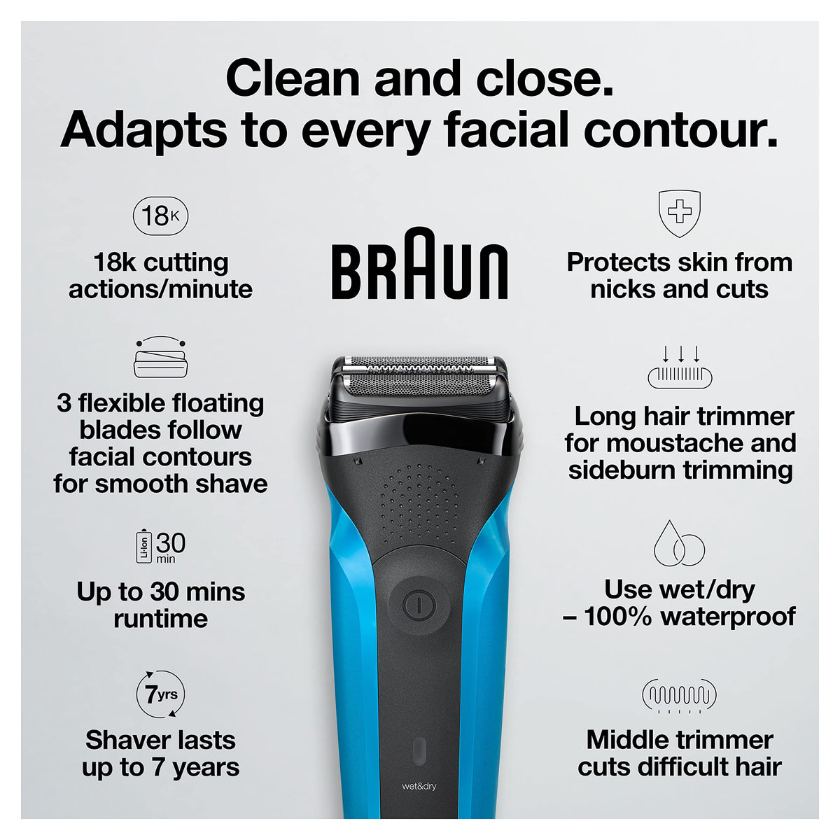 Braun Series 3 3010s Electric Shaver showing three pressure-sensitive shaving elements