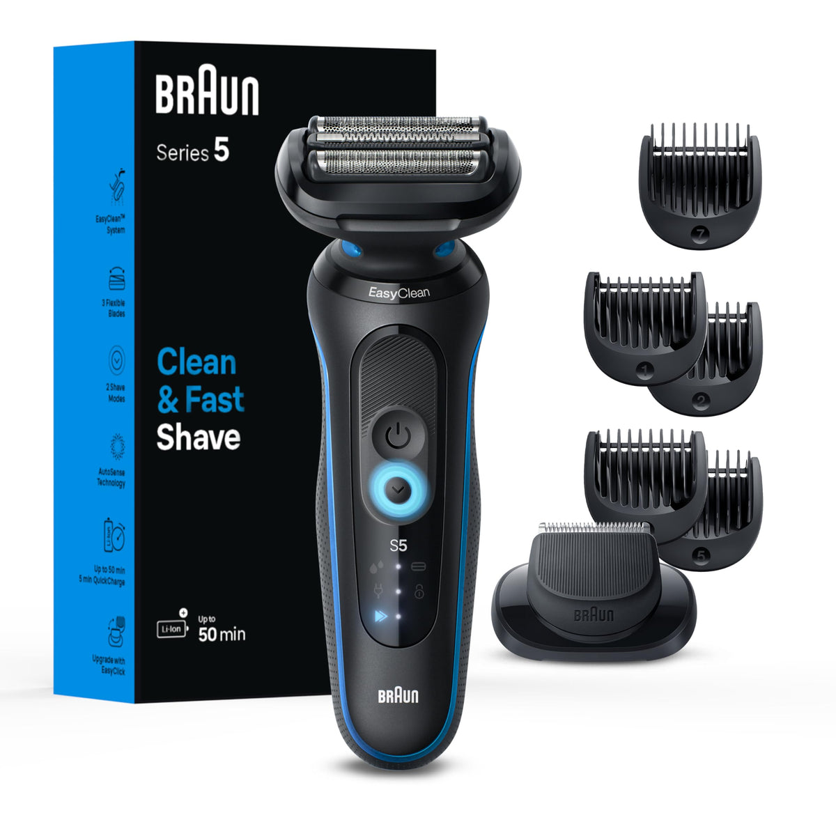Braun Series 5 5120s electric shaver front view with blue finish