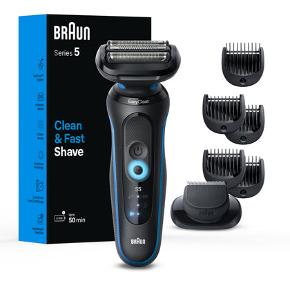 Braun Series 5 5120s electric shaver front view with blue finish