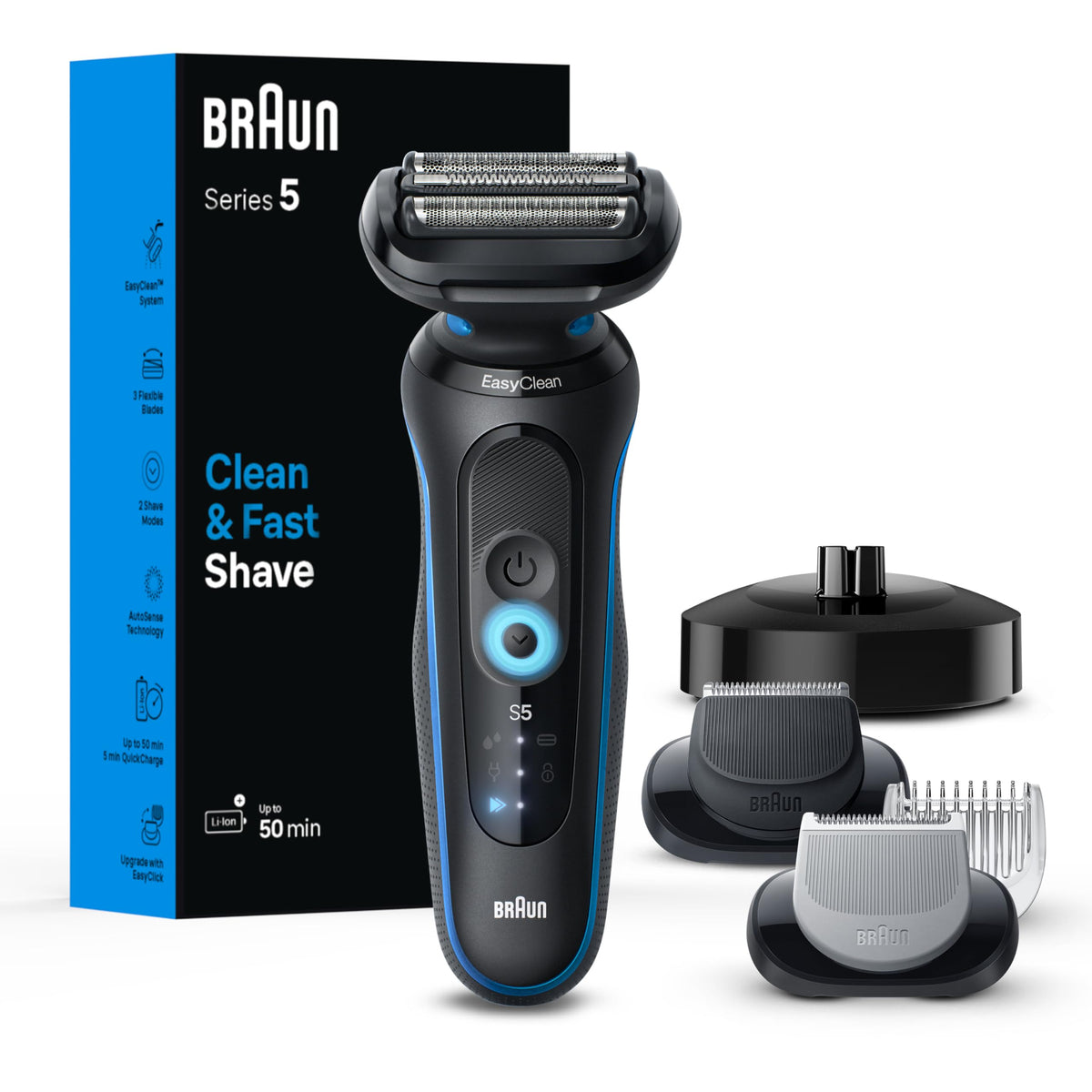 Braun Series 5 5150cs electric shaver front view with blue finish
