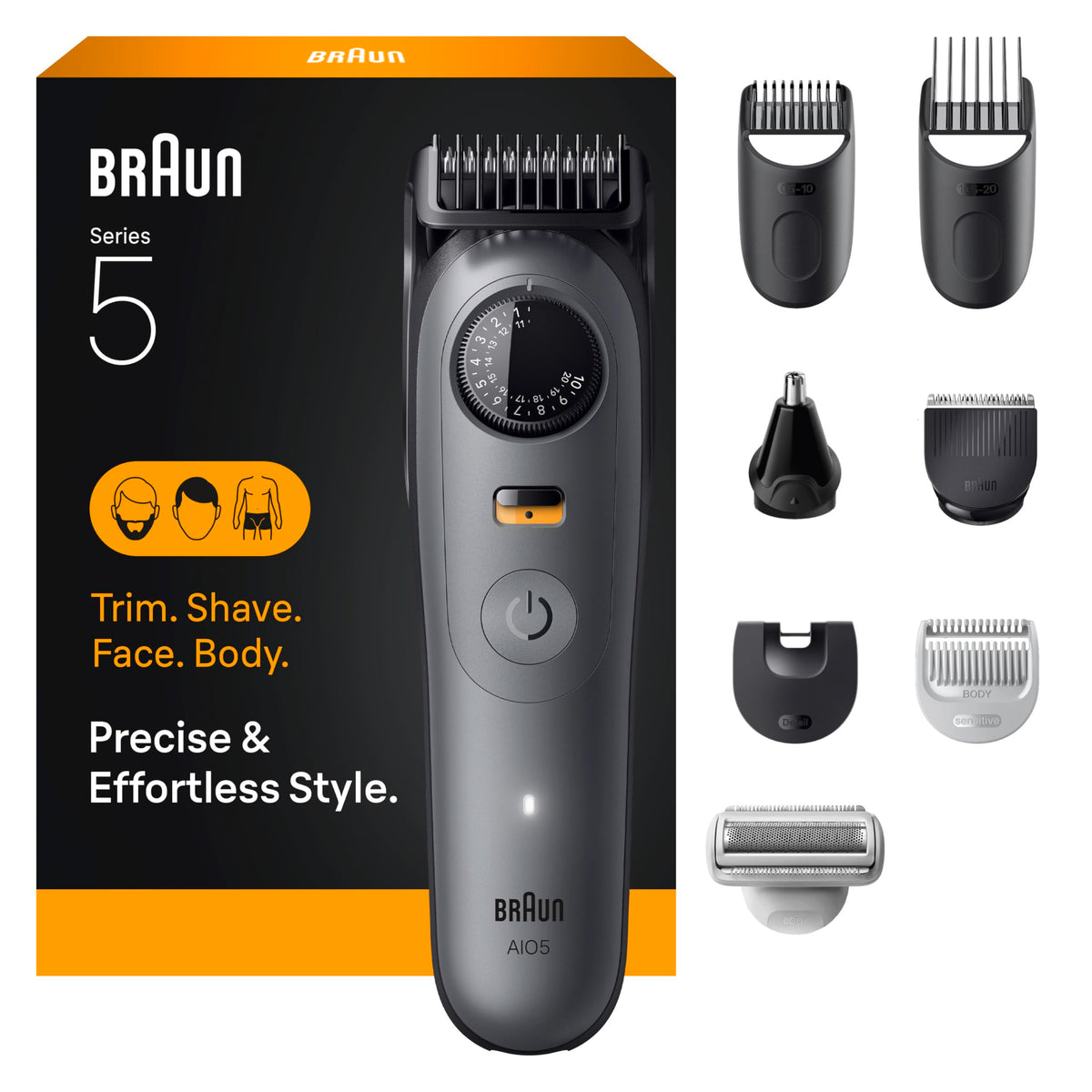 Braun Series 5 All-in-One Trimmer Kit front view with accessories