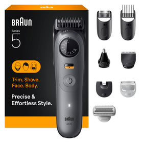 Braun Series 5 All-in-One Trimmer Kit front view with accessories