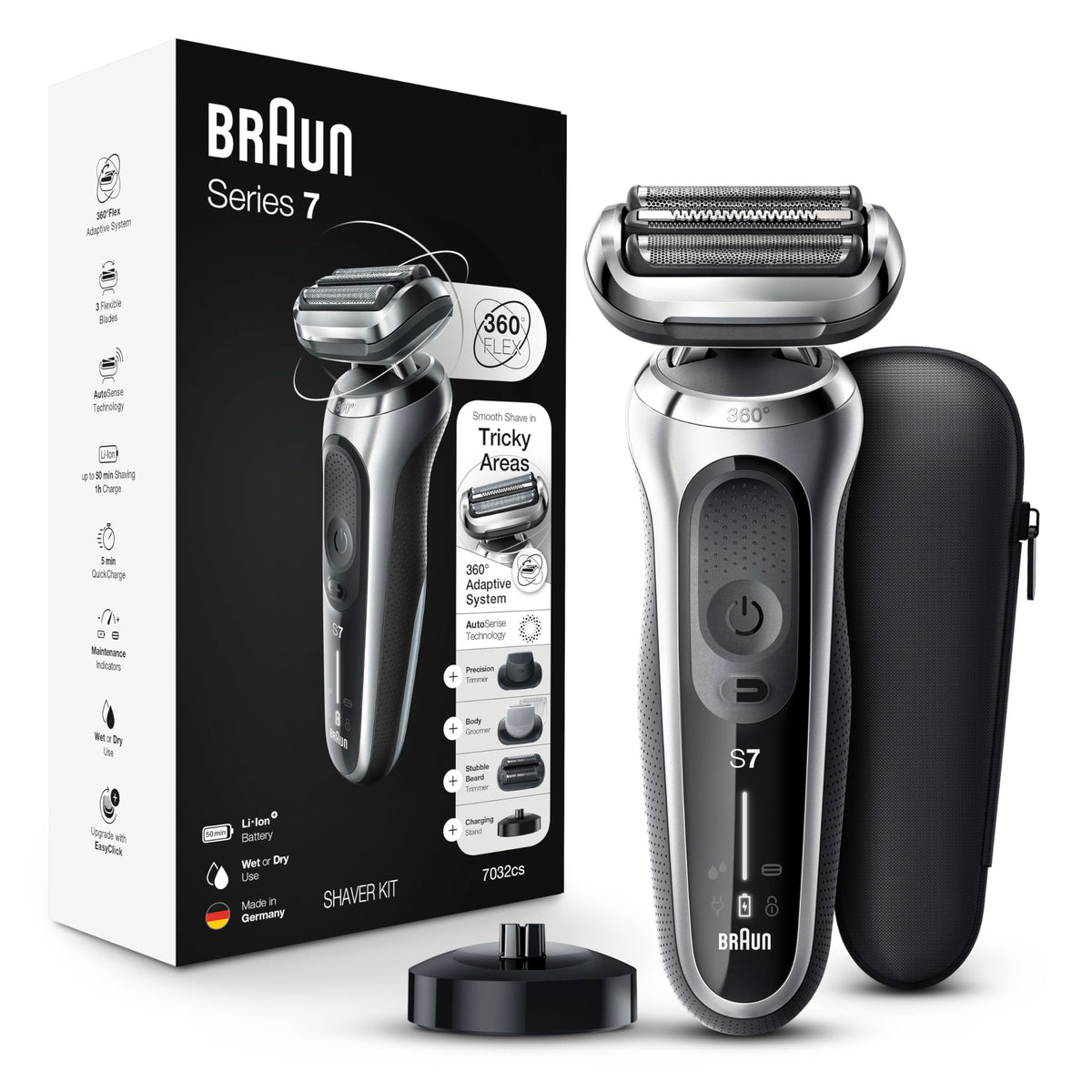 Braun Series 7 7032cs Flex Electric Razor front view, silver