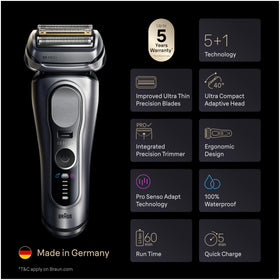 Braun Series 9 PRO+ Electric Shaver showing 6-in-1 SmartCare Clean & Charge Center