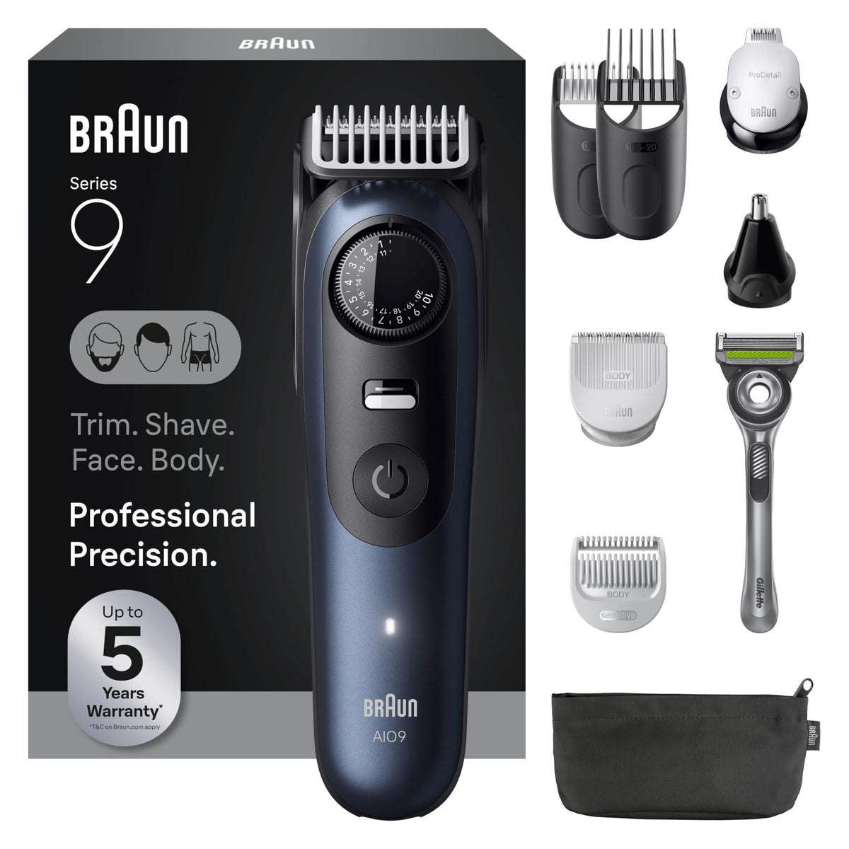 Braun Series 9 PRO grooming kit front view with trimmer and razor